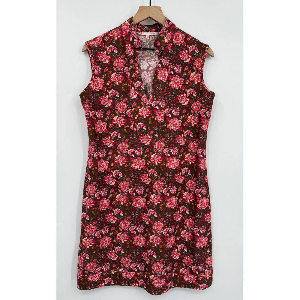 Jude Connally Dress Womens Medium Brown Pink Floral Sleeveless V-Neck Shift